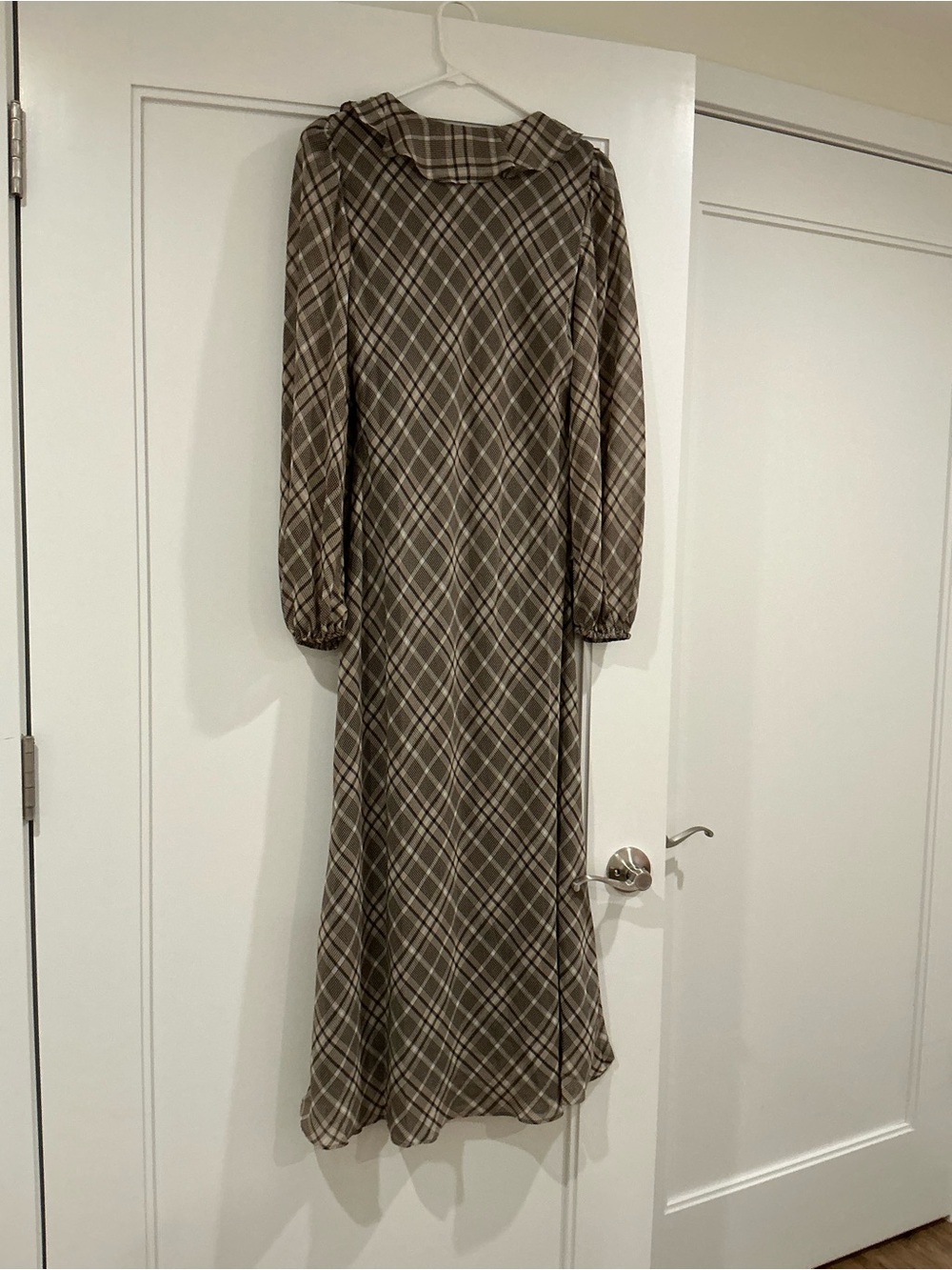 Taylor Olive Plaid Long Sleeve Ruffle Midi Dress with Taupe Accents - Picture 5 of 5